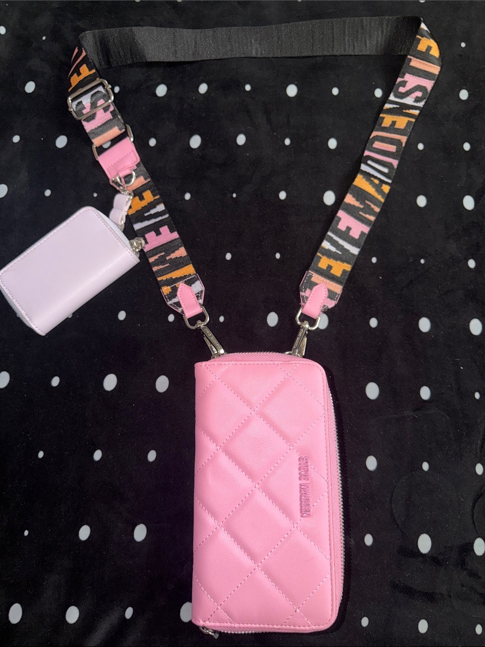Steve Madden Pink Quilted Crossbody with Multicolor Logo Strap - Picture 7 of 8